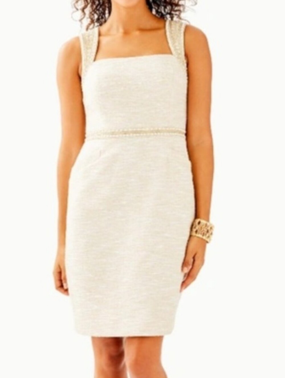 Lilly Pulitzer Cream Square-Neck Mini Dress with Pearl and Embroidered Trim